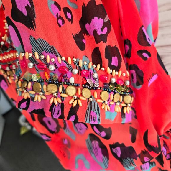 Paradise Orange Red Leopard Print Sheer Cinches Waist Tunic Sz Small - Picture 6 of 8